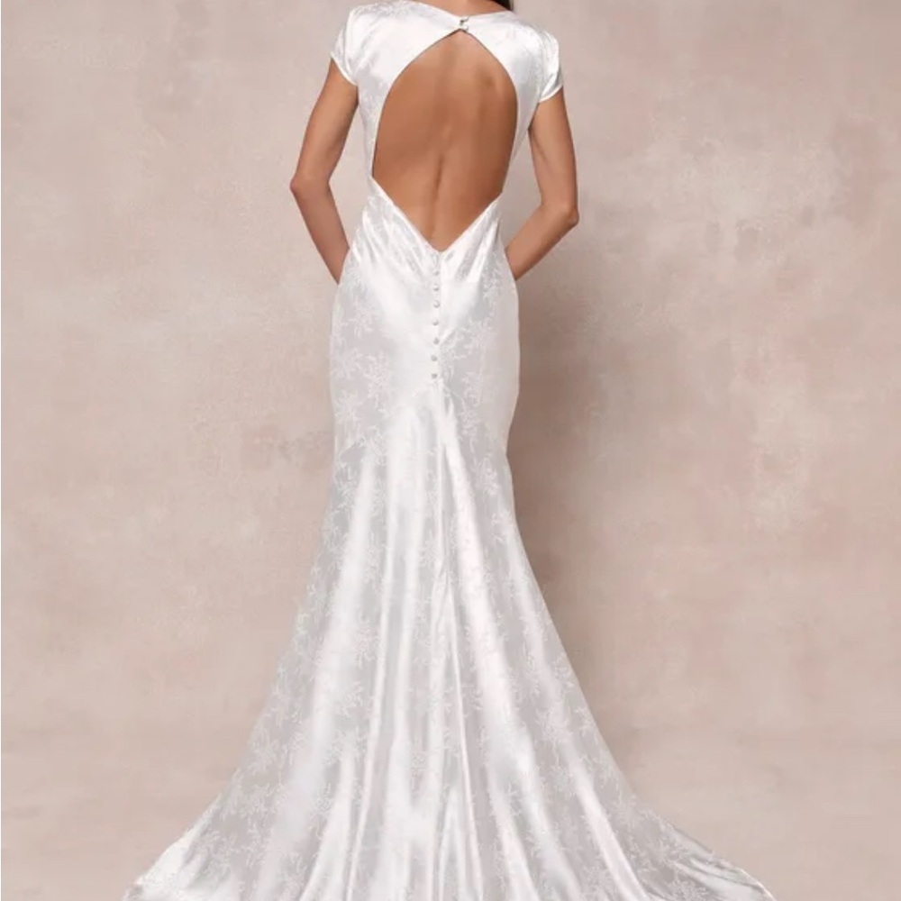 Lulus Loveliest Dream White Satin Jacquard Backless Mermaid Maxi Dress